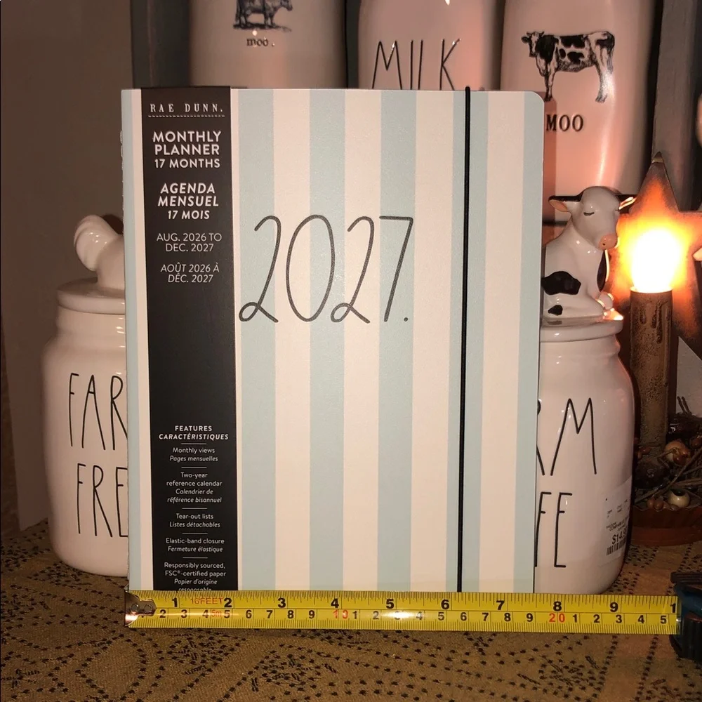 Rae Dunn 2027. 17 Month Planner with Blue/Green Stripes Design